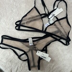 Fleur du Mal Strappy Mesh Triangle Bra & Panty Set Black Ivory L/2 NWT Lingerie